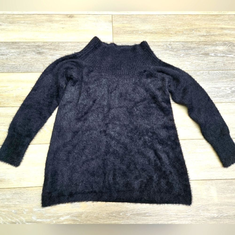 Loft Womens Sweater Small Black Faux Fur Fuzzy Mock Neck Essential Tunic size sm